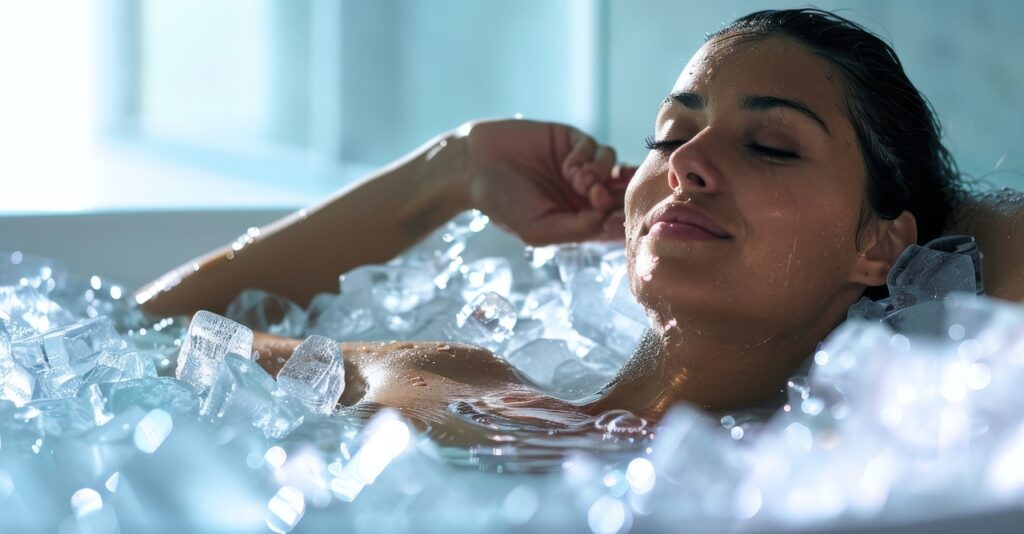 Vrouw ligt ontspannen in een ijsbad, met een tevreden glimlach en ijsblokjes rondom haar lichaam.